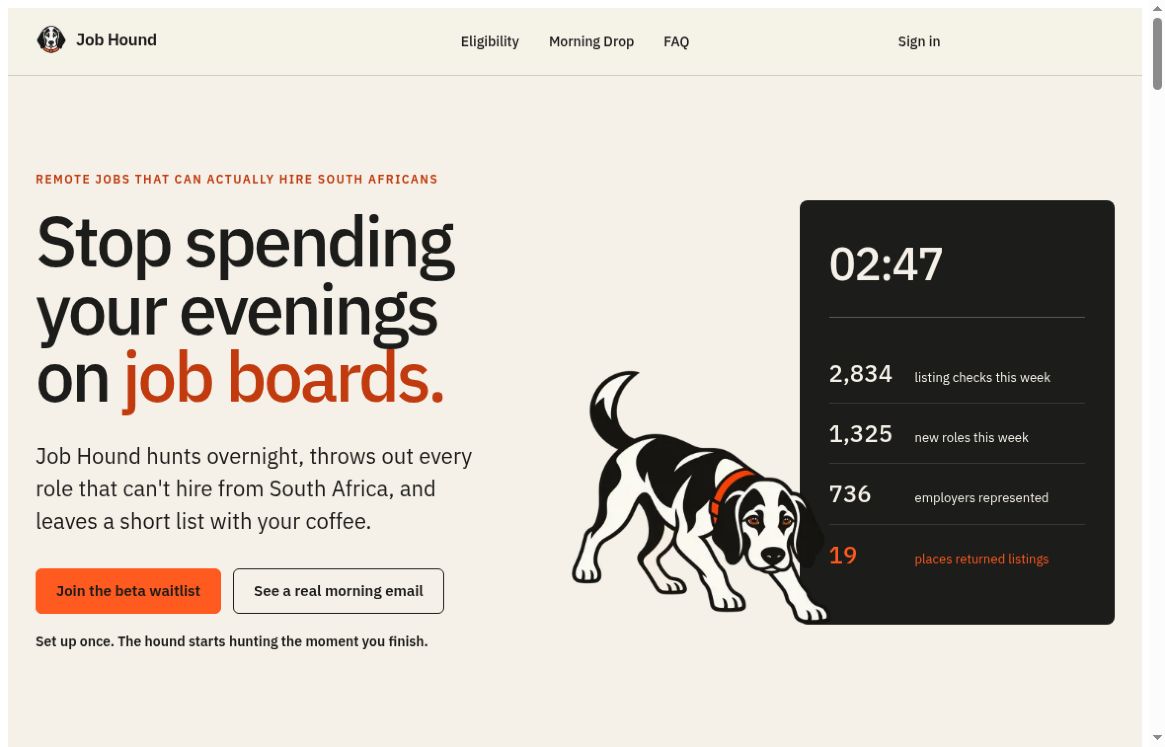 Screenshot of the Job Hound landing page