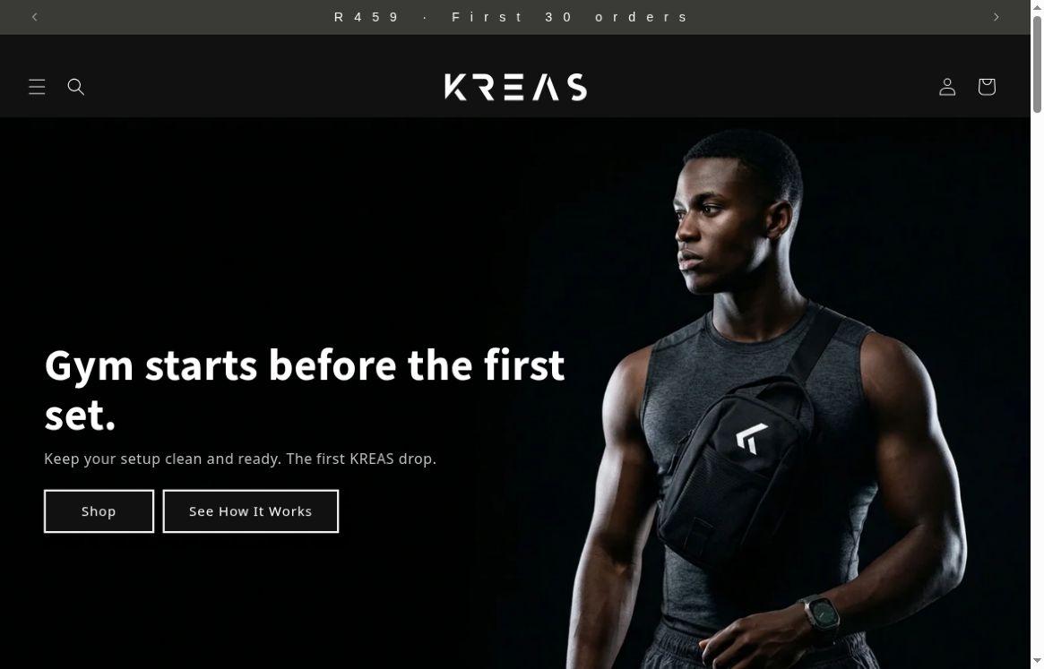 Screenshot of the KREAS training-gear landing page